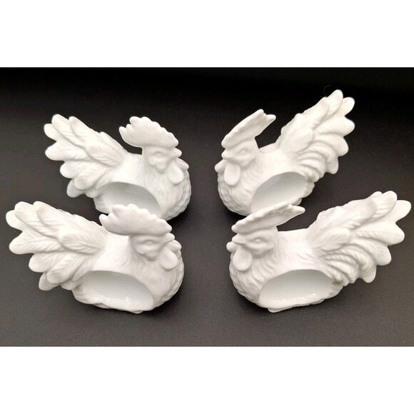 Unique Rooster Large Comb Large Plummage Napkin Rings White Porcelain Set Of 4 - Picture 1 of 13